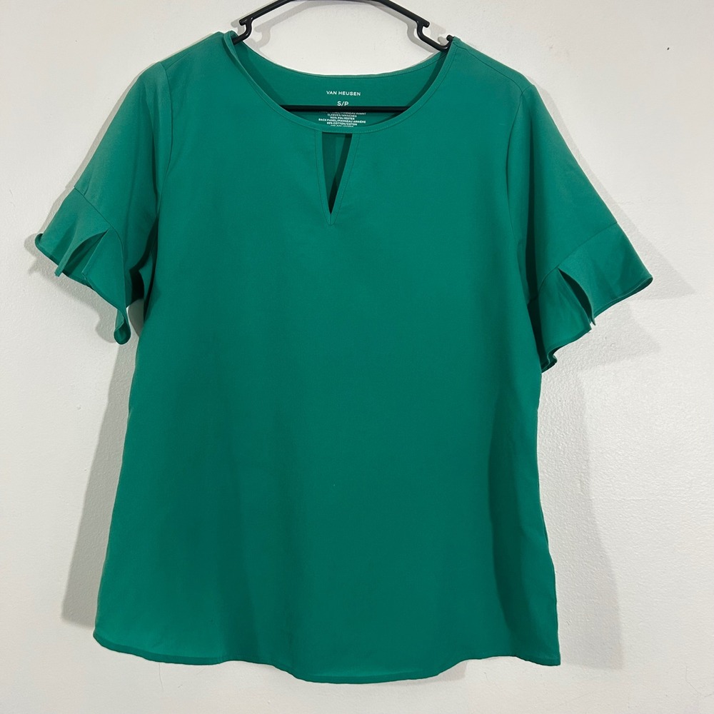 Van Heusen Womens Green Short Sleeve Ruffle Blouse Top Small Petite‎ S/P